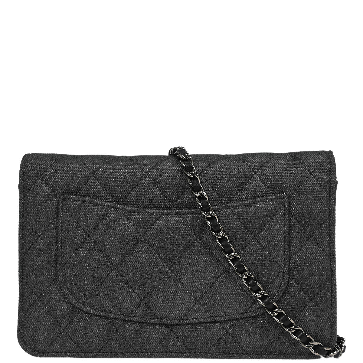 Chanel 2018 Gray Canvas Rhinestone Mademoiselle Lock Wallet on Chain WOC