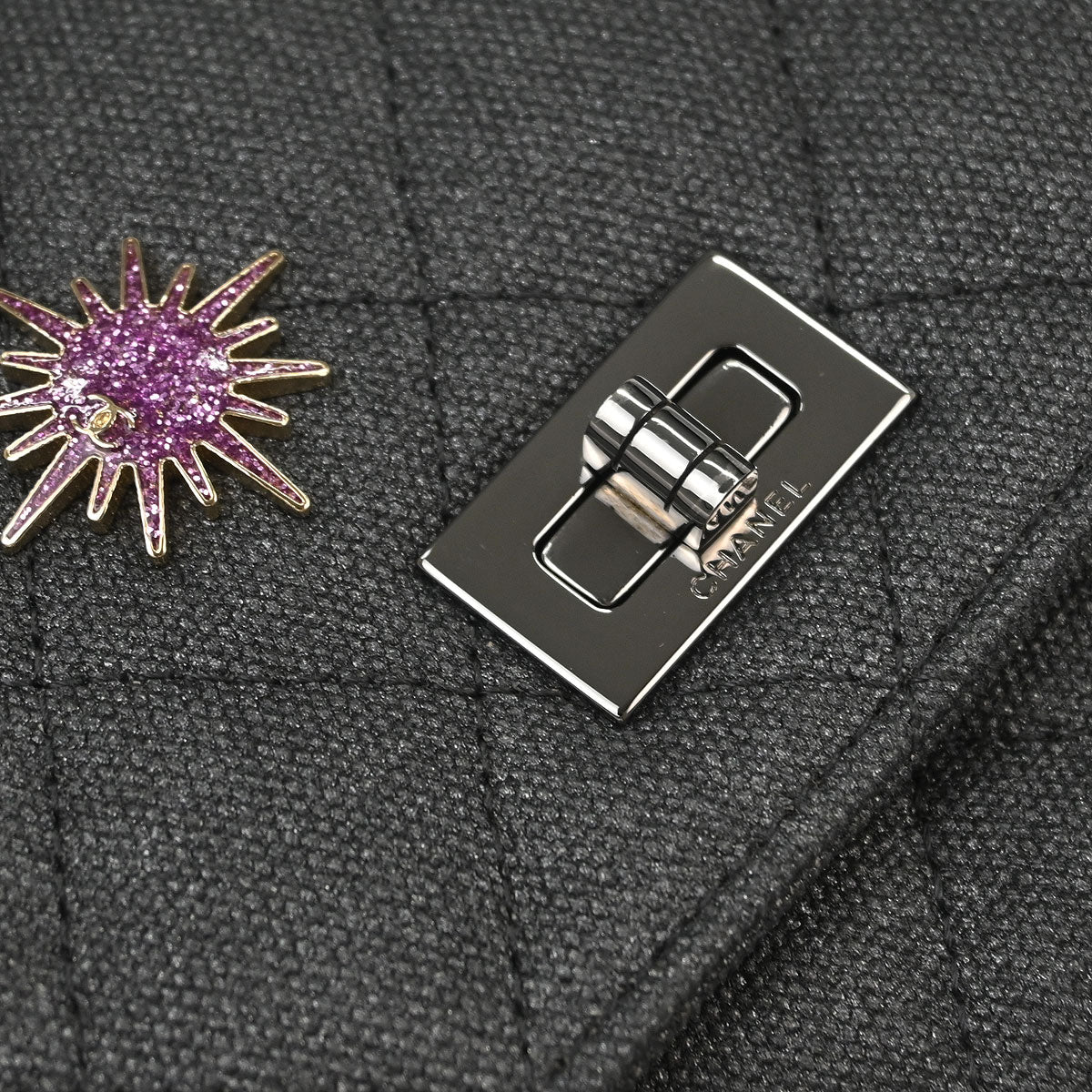 Chanel 2018 Gray Canvas Rhinestone Mademoiselle Lock Wallet on Chain WOC