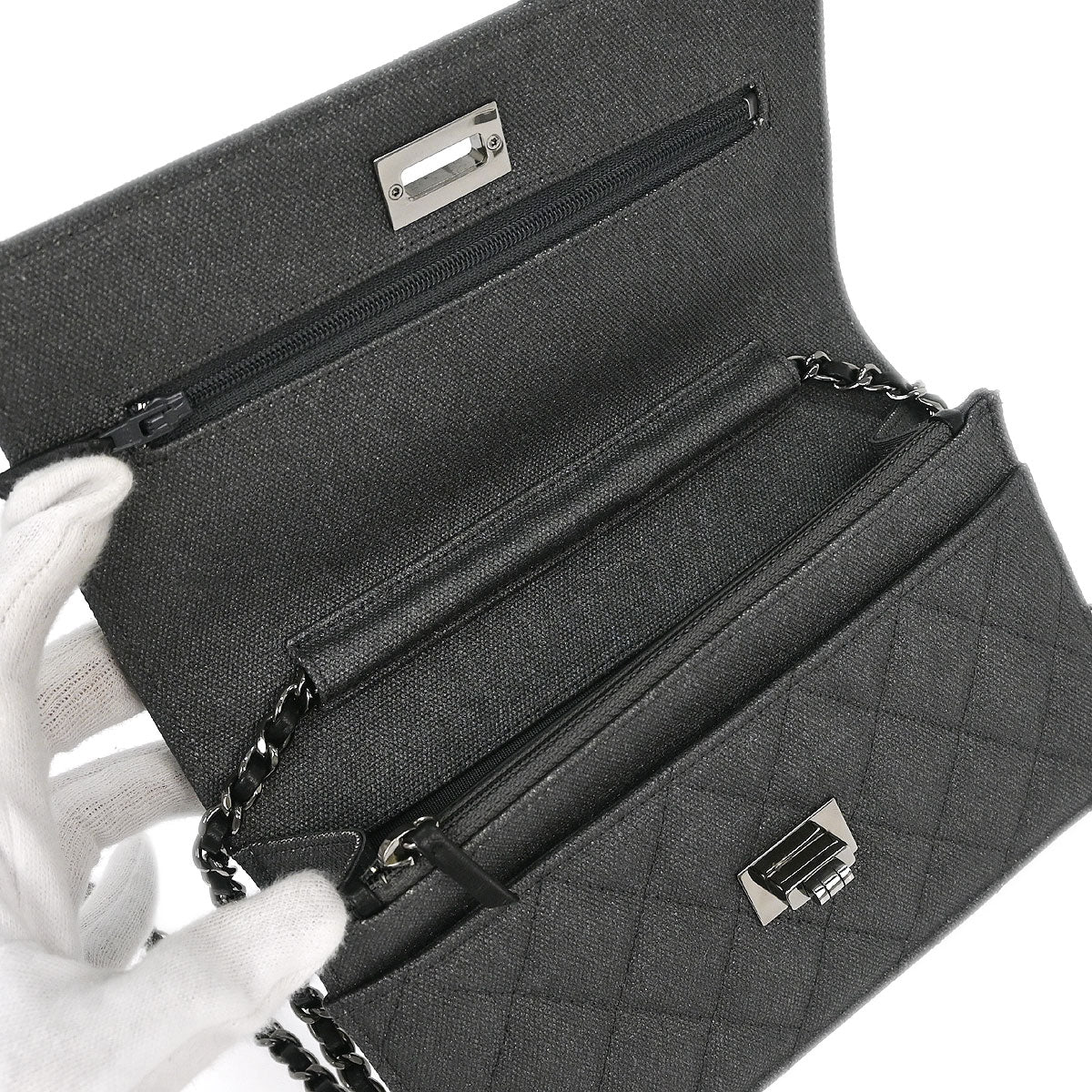 Chanel 2018 Gray Canvas Rhinestone Mademoiselle Lock Wallet on Chain WOC