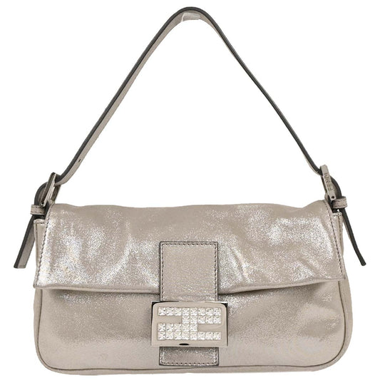Fendi Metallic Silver Leather Baguette Handbag