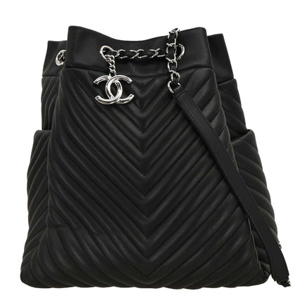 Chanel 2016-2017 Black Lambskin Chevron Drawstring Shoulder Bag