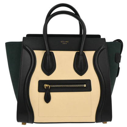 Celine Beige Black Dark Green Leather Micro Luggage Tote Bag