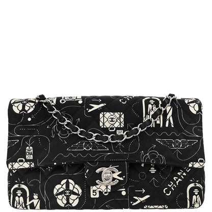 Chanel 2016-2017 Black Satin Airline Medium Classic Double Flap Shoulder Bag