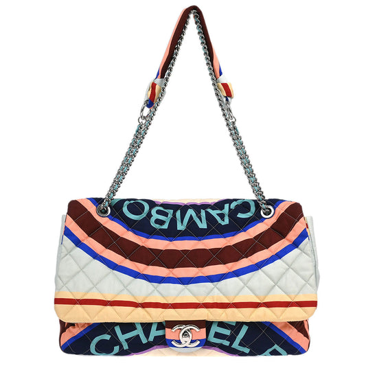 Chanel 2018 Light Blue Navy Satin XXL Quilted Printed Shoulder Bag
