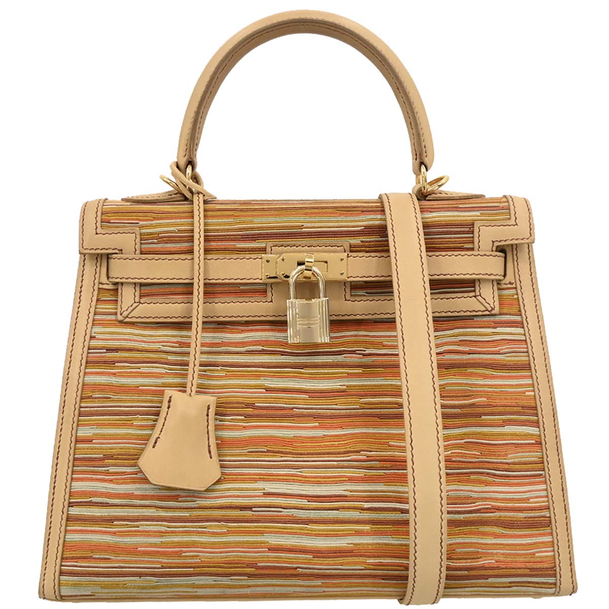 Hermes 2001 Beige Vibrato Box Calf Kelly 25 Sellier 2way Shoulder Handbag