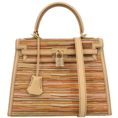 Hermes 2001 Beige Vibrato Box Calf Kelly 25 Sellier 2way Shoulder Handbag