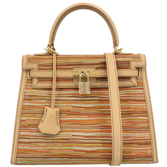 Hermes 2001 Beige Vibrato Barenia Kelly 25 Sellier 2way Shoulder Handbag