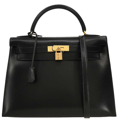 Hermes 1999 Black Box Calf Kelly 32 Sellier 2way Shoulder Handbag