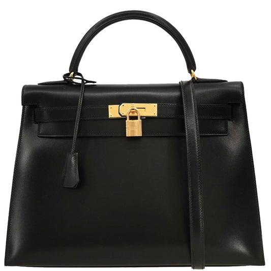 Hermes 1999 Black Box Calf Kelly 32 Sellier 2way Shoulder Handbag