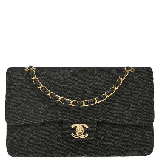 Chanel 1997-1999 Black Denim Medium Classic Double Flap Shoulder Bag