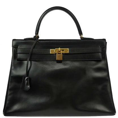 Hermes 1985 Black Box Calf Kelly 35 Retourne Handbag