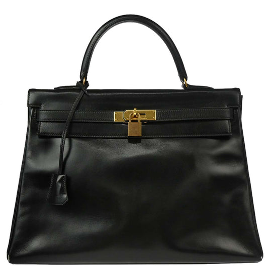 Hermes 1985 Black Box Calf Kelly 35 Retourne Handbag