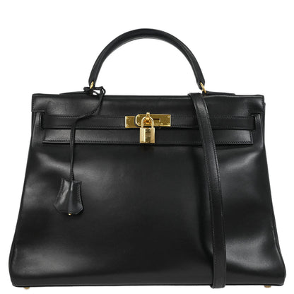 Hermes 1993 Black Box Calf Kelly 35 Retourne 2way Shoulder Handbag