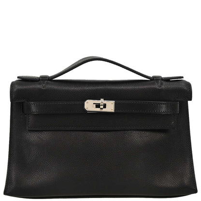 Hermes 2004 Black Evergrain Kelly Pochette Handbag