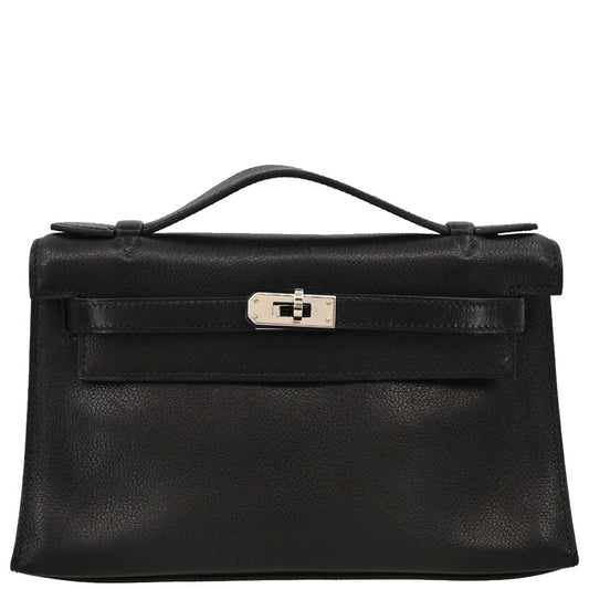 Hermes 2004 Black Evergrain Kelly Pochette Handbag