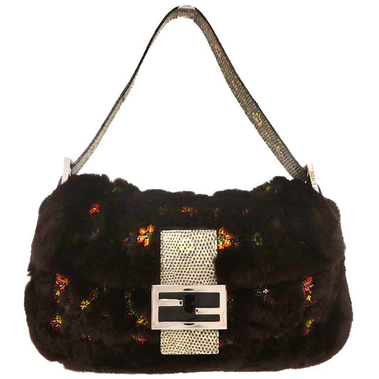 Fendi * Black Fur Python Baguette Handbag