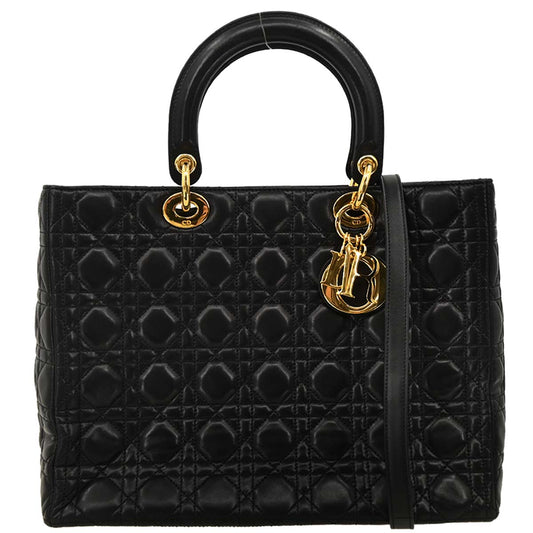 Christian Dior Black Lambskin Lady Dior Cannage 2way Shoulder Handbag