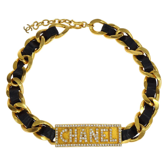 Chanel Gold Black Leather Rhinestone Choker Necklace 95P