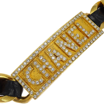 Chanel Gold Black Leather Rhinestone Choker Necklace 95P