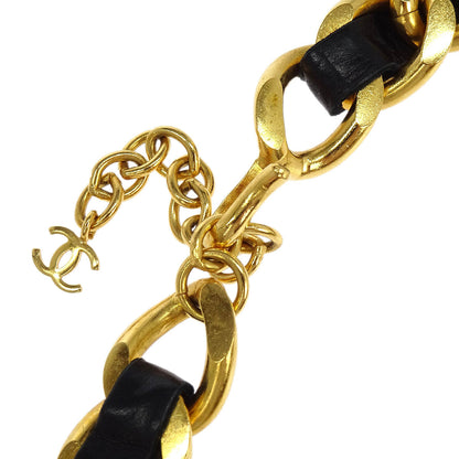 Chanel Gold Black Leather Rhinestone Choker Necklace 95P