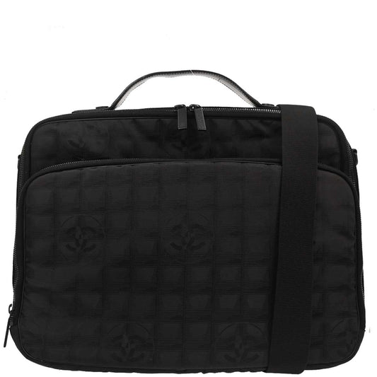 Chanel 2001-2003 Black Jacquard Nylon Travel Line 2way Shoulder Business Bag