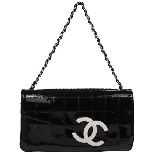 Chanel 2004-2005 Black Patent Leather Choco Bar Shoulder Bag