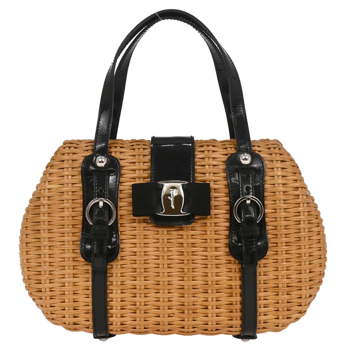 Salvatore Ferragamo Beige Rattan Vara Bow Basket Handbag