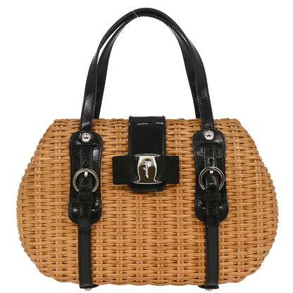 Salvatore Ferragamo Beige Rattan Vara Bow Basket Handbag