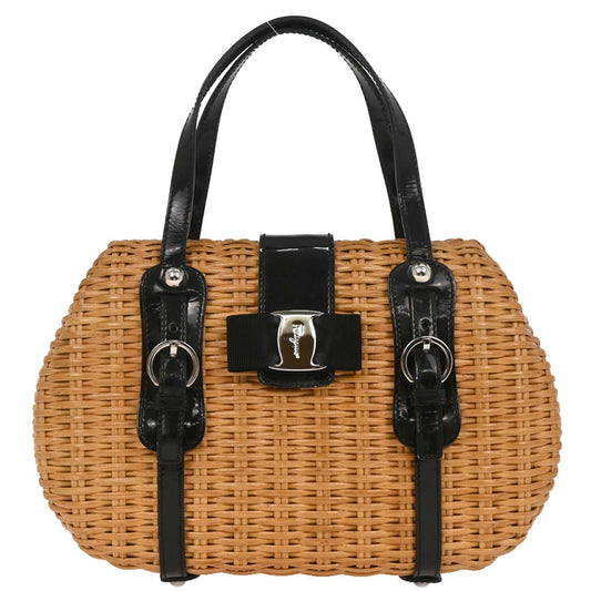Salvatore Ferragamo Beige Rattan Vara Bow Basket Handbag