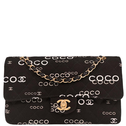 Chanel 2001-2003 Black Canvas COCO Medium Classic Double Flap Shoulder Bag
