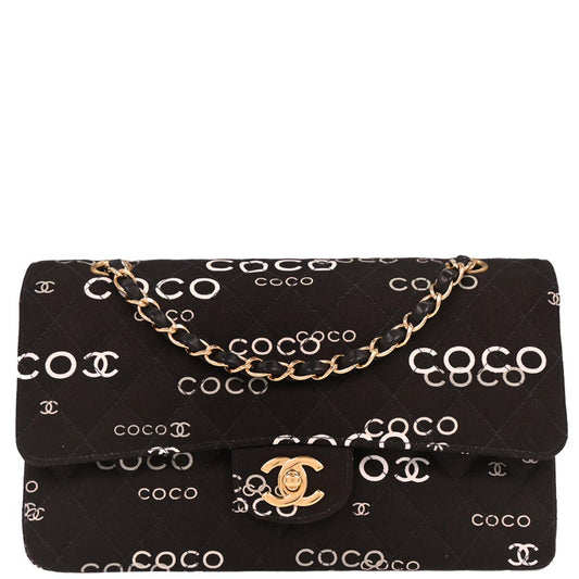 Chanel 2001-2003 Black Canvas COCO Medium Classic Double Flap Shoulder Bag