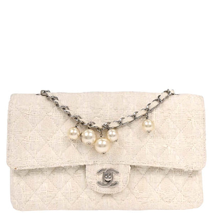 Chanel 2004-2005 White Tweed Medium Classic Double Flap Shoulder Bag