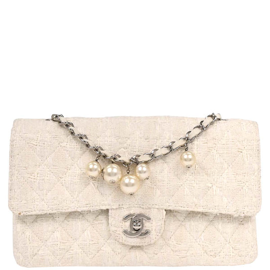 Chanel 2004-2005 White Tweed Medium Classic Double Flap Shoulder Bag