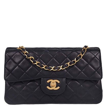 Chanel 1989-1991 Navy Lambskin Small Classic Double Flap Shoulder Bag