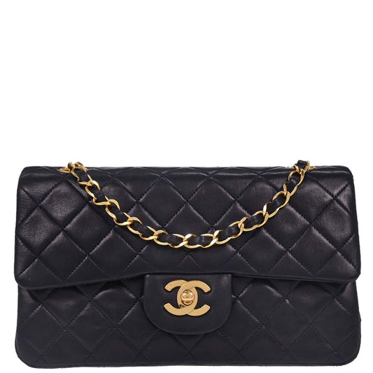 Chanel 1989-1991 Navy Lambskin Small Classic Double Flap Shoulder Bag