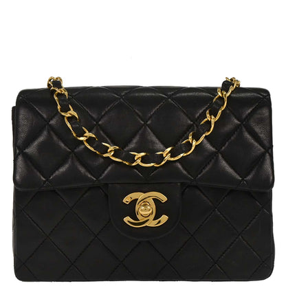 Chanel 1989-1991 Black Lambskin Mini Classic Square Flap Shoulder Bag