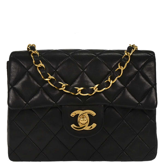 Chanel 1989-1991 Black Lambskin Mini Classic Square Flap Shoulder Bag