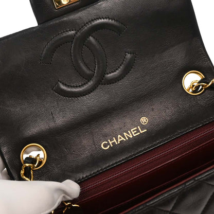 Chanel 1989-1991 Black Lambskin Mini Classic Square Flap Shoulder Bag