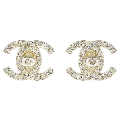 Chanel Turnlock Earrings Clip-On Silver Rhinestone 97P