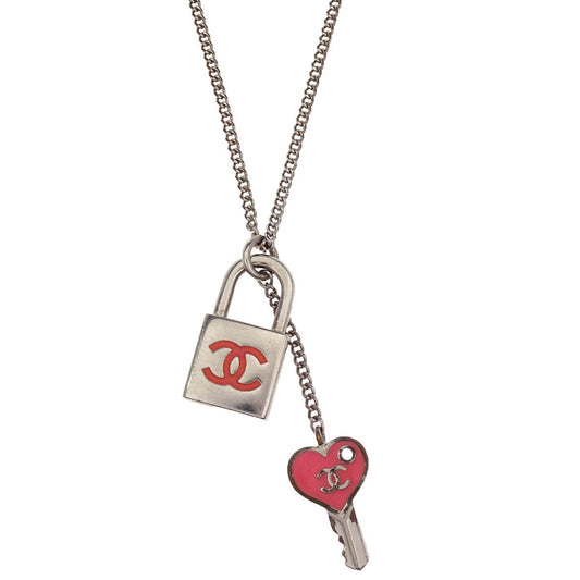 Chanel Padlock Key Pendant Necklace Silver Pink 07P