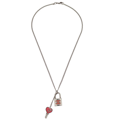 Chanel Padlock Key Pendant Necklace Silver Pink 07P
