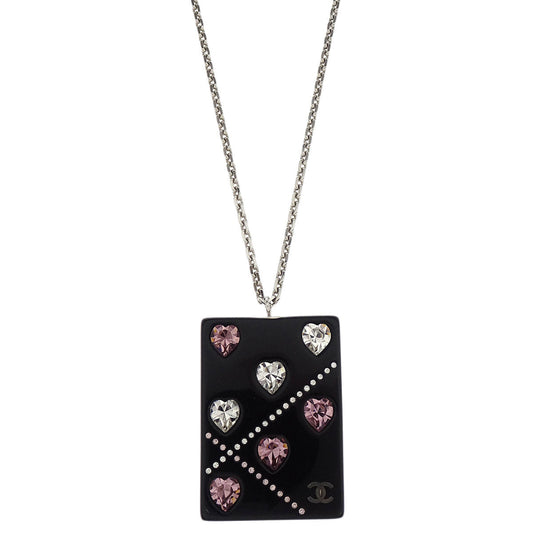 Chanel Silver Acrylic Rectangle Pendant Necklace Rhinestone 04A
