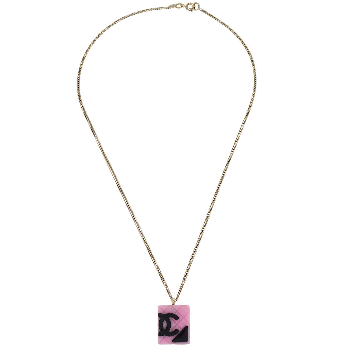 Chanel Cambon Ligne Chain Necklace Pendant Gold Pink 05C