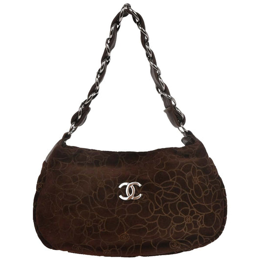 Chanel Brown Suede Camellia Shoulder Bag