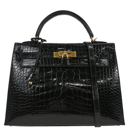 Hermes * Black Alligator Kelly 32 Sellier Handbag