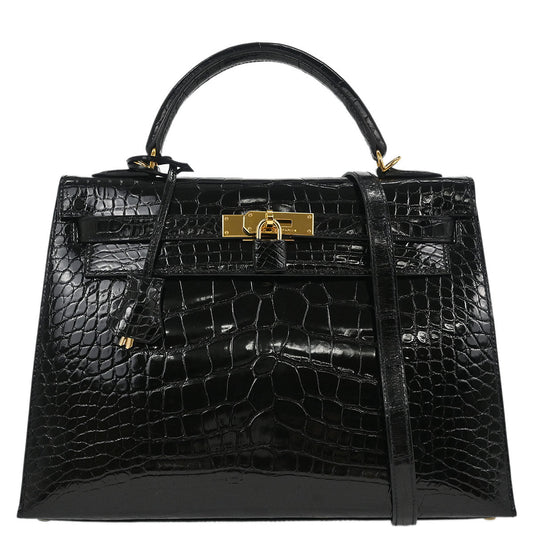 Hermes * Black Alligator Kelly 32 Sellier Handbag