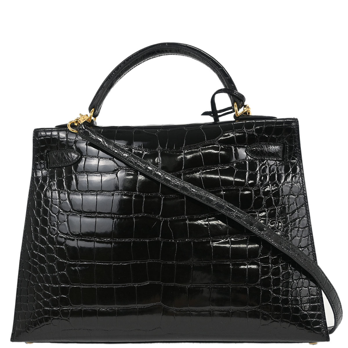 Hermes * Black Alligator Kelly 32 Sellier Handbag
