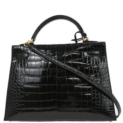 Hermes * Black Alligator Kelly 32 Sellier Handbag