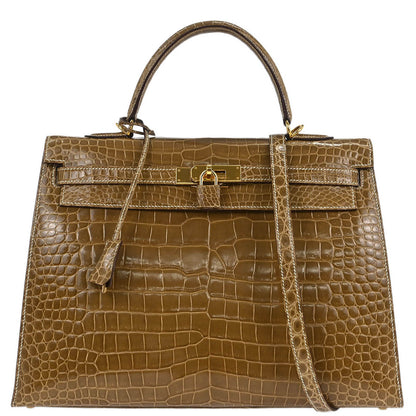 Hermes * Etoupe Porosus Kelly 35 Sellier 2way Shoulder Handbag