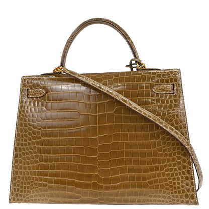 Hermes * Etoupe Porosus Kelly 35 Sellier 2way Shoulder Handbag